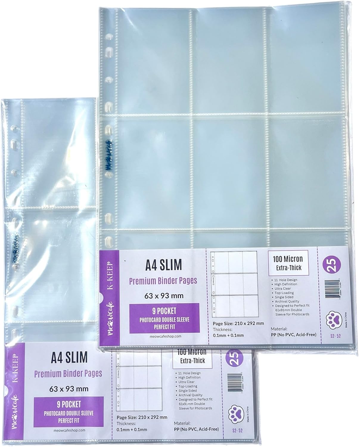 Meowcafe K-KEEP A4 Slim 9 Pocket Premium Single Sided Kpop Photocard Binder Pages, 63x93mm Pocket Size, 11 Holes, 100 Micron, Generic Fit 3 Ring Office Binder and 4 Ring Binder, 50 Pages Set