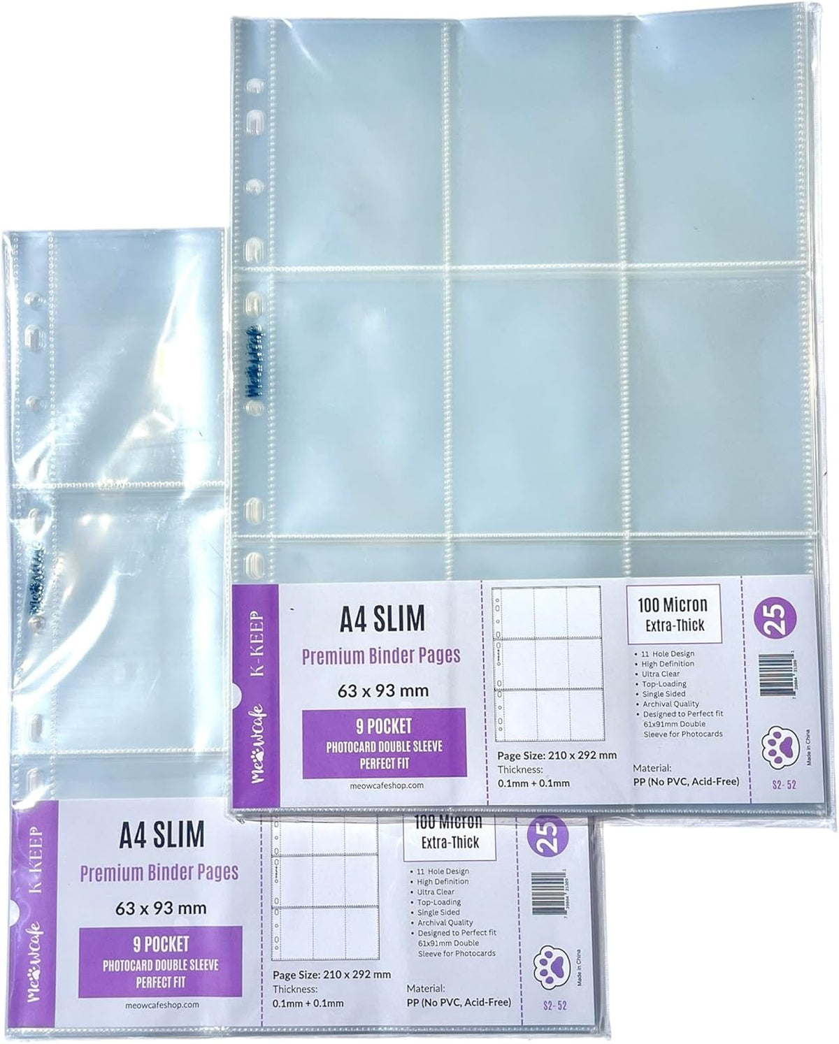 Meowcafe K-KEEP A4 Slim 9 Pocket Premium Single Sided Kpop Photocard Binder Pages, 63x93mm Pocket Size, 11 Holes, 100 Micron, Generic Fit 3 Ring Office Binder and 4 Ring Binder, 50 Pages Set