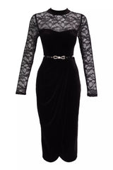 FRV Black velvet long sleeve midi dress - Michigan City