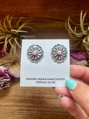 Concho Stud Earrings with Pink Conch – Sterling Silver