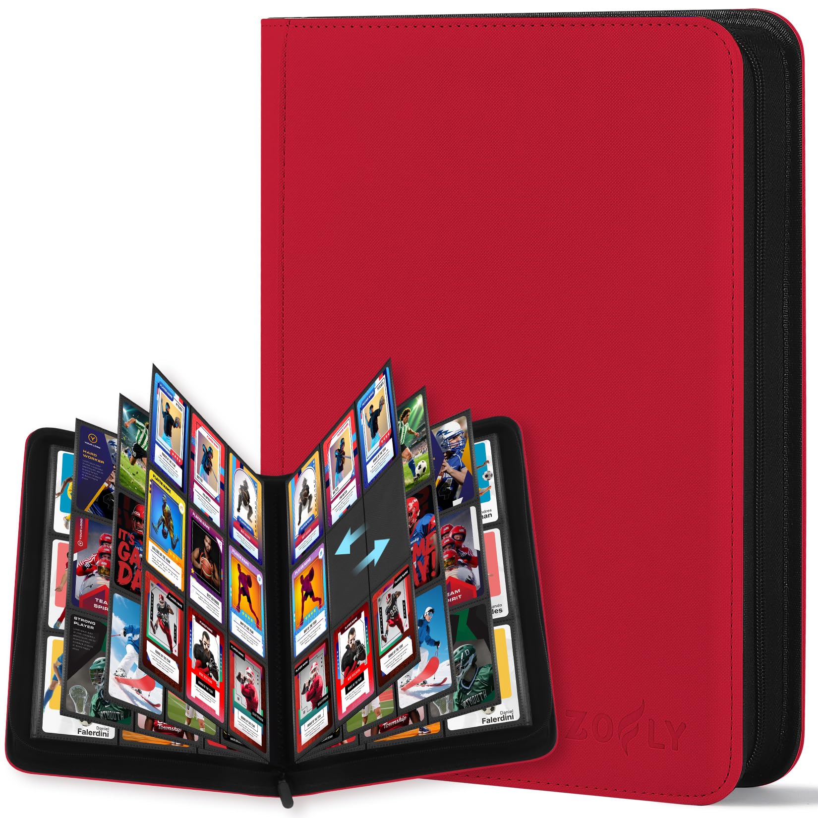 Zofly 9 Pocket Trading Card Zip Binder  540 Cards  enhanced Baseball Card Storage Album  30 Side-Loading Pages  Folder for Collectible Games  Sports  TCG  Red