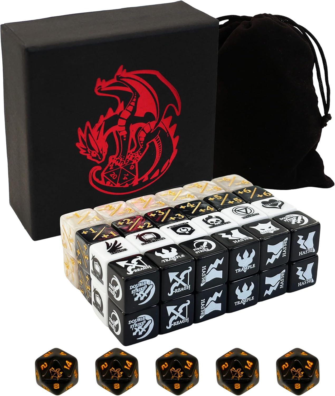 MTG Dice Set – 55 Dice: 24 Counter, 26 Keyword & 5 D20 Token Dice with Deluxe Box & Velvet Pouch, Limited Collector Edition(Bird)