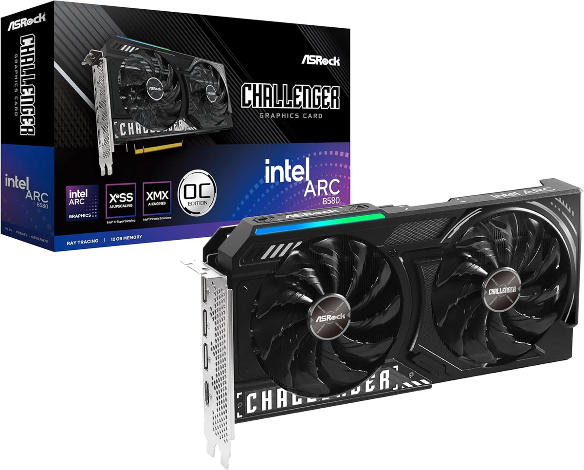 ASRock Intel Arc B580 Challenger 12GB OC Graphics Card, Intel Xe2-HPG, 12GB GDDR6, PCIe 4.0, Dual Fans, 0dB Silent, LED Indicator, DisplayPort 2.1, HDMI 2.1a