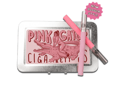 a tin with a pink sticker on it