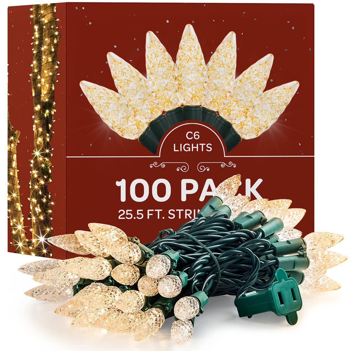 C6 Christmas Lights Bright White [Set of 100] C6 LED Christmas Lights, UL Approved for Indoor/Outdoor Use. C6 String Lights120V Holiday Lights for Holiday/Party Festival Decorations 25.5 Ft.  - Like New
