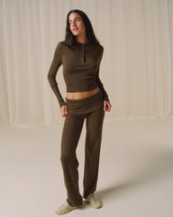 Knit Button Up Top - Dark Mocha Brown