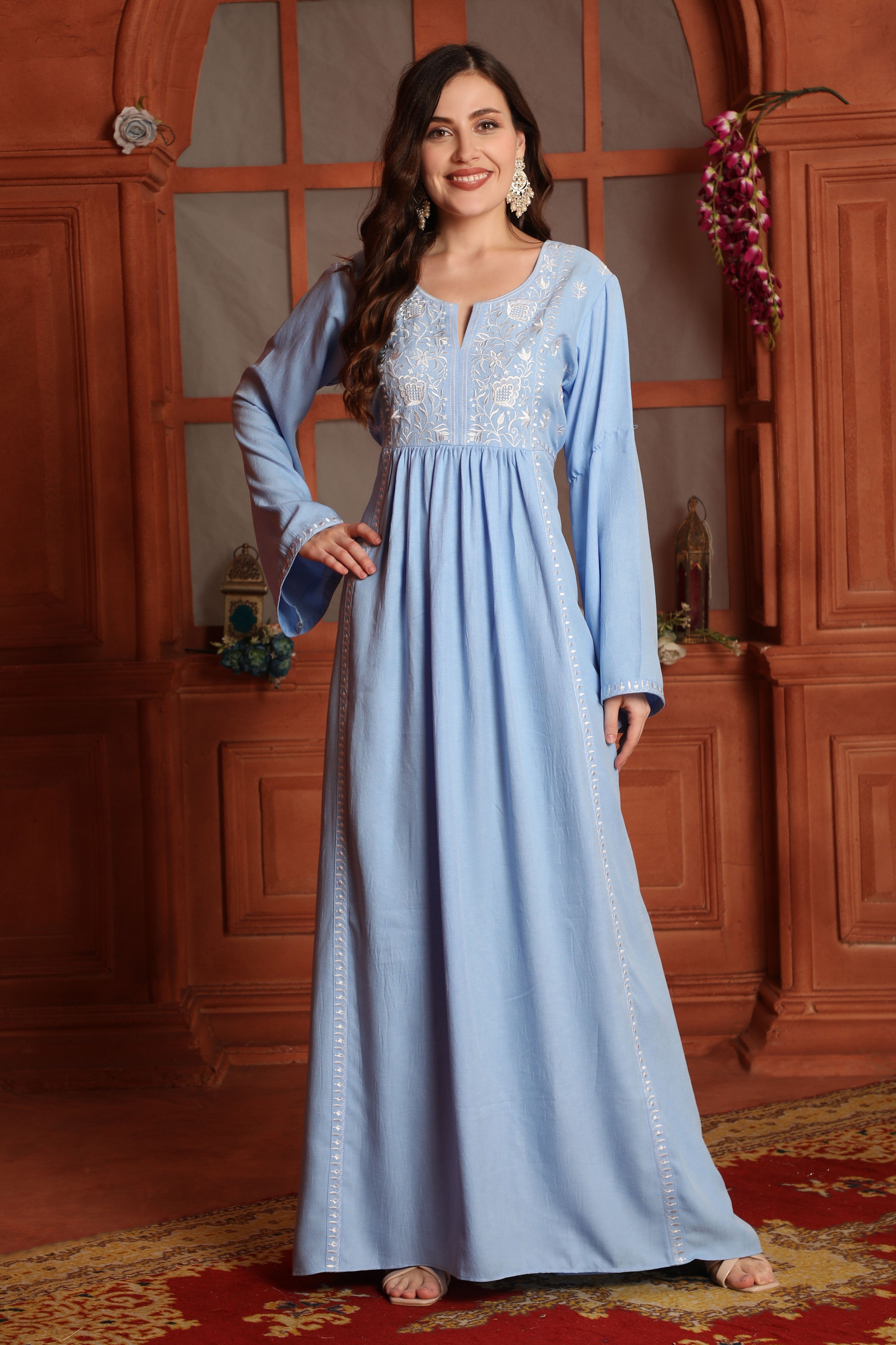 Sky Blue Floral Embroidered Empire Waist A-Line Dress