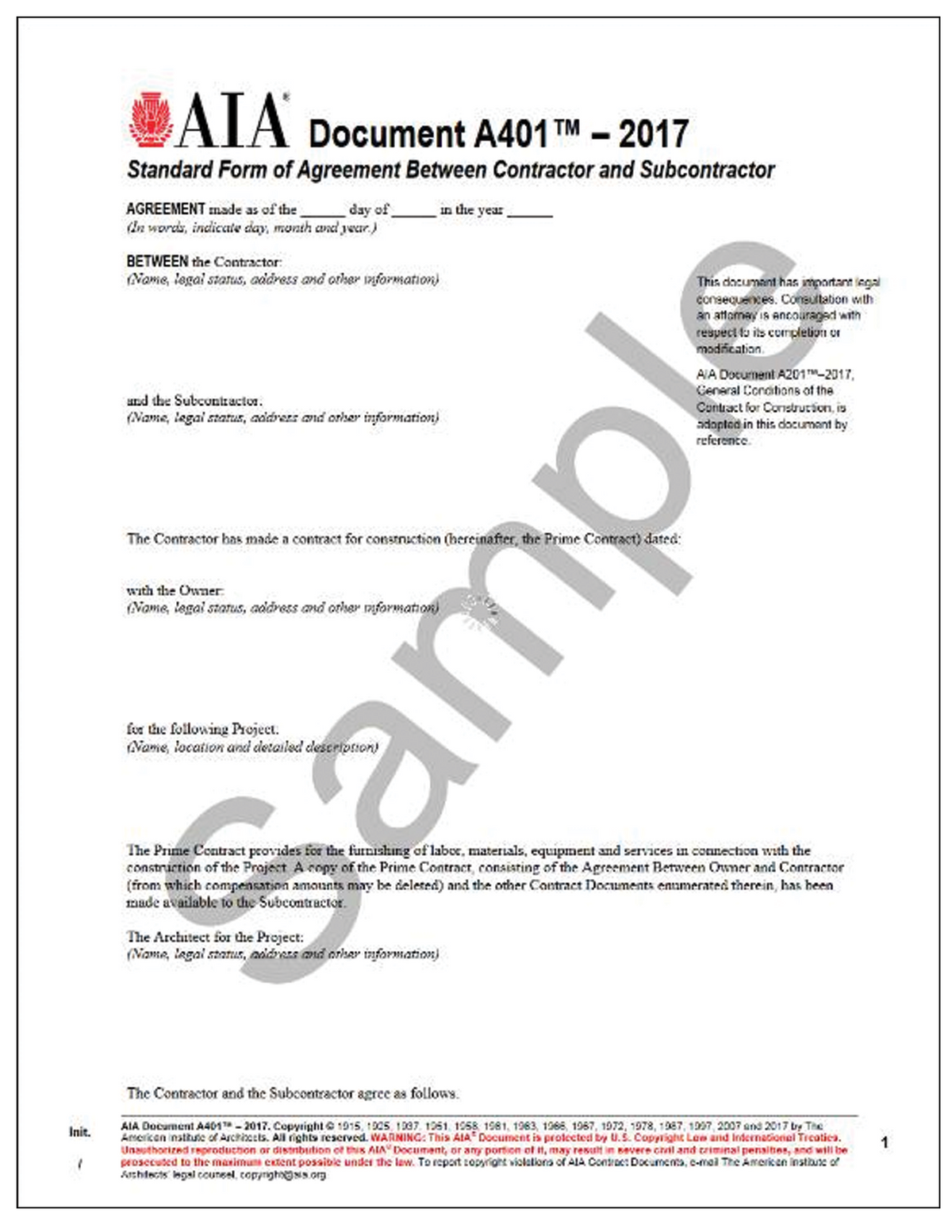 A401- 2017 Standard Form of Agreement Between Contractor and Subcontractor