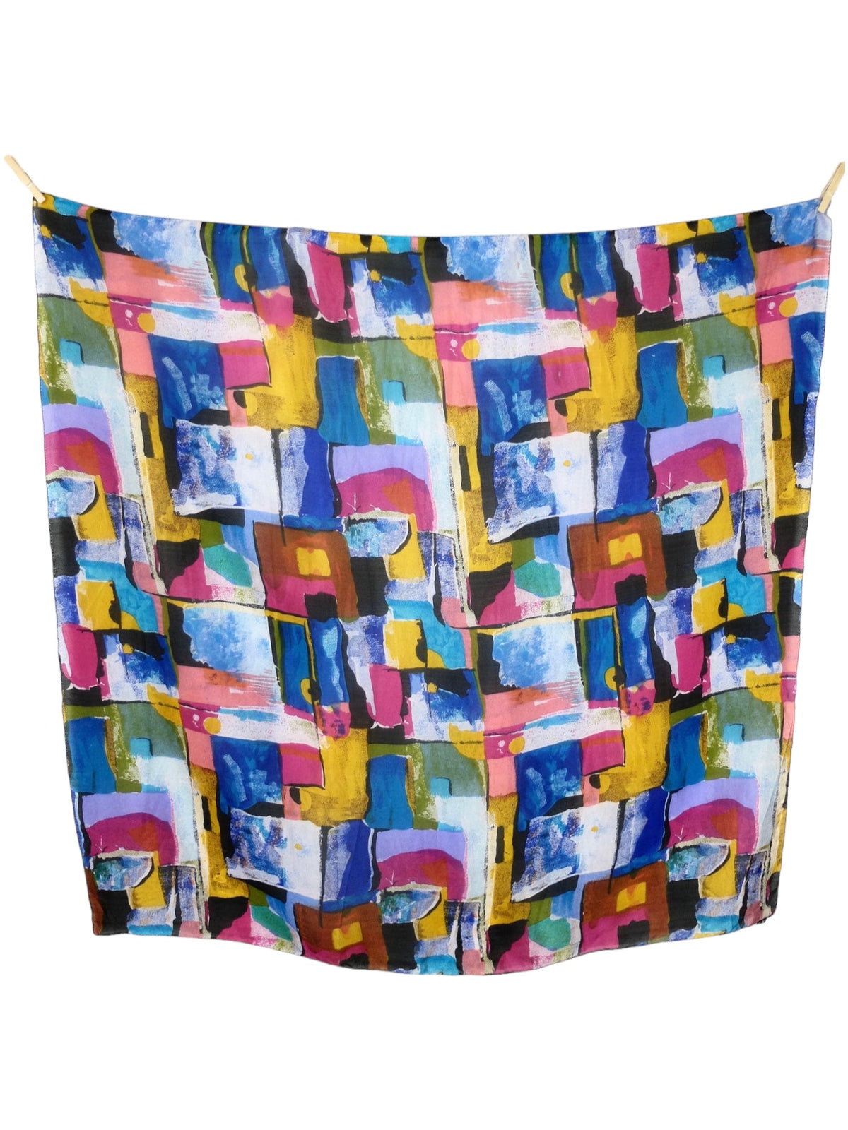 Vintage 80s Silk Funky Bohemian Bright Multicoloured Abstract Print Large Wide Square Bandana Neck Tie Scarf with Hand-Rolled Hem