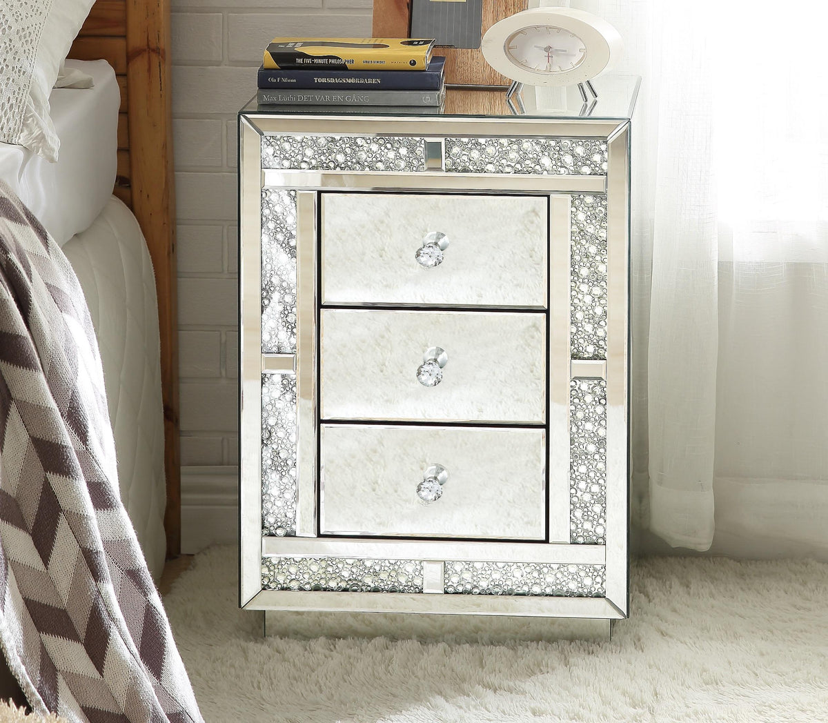 Mallika Mirrored & Faux Crystals Accent Table - Furniture Stars (Chicago, IL)