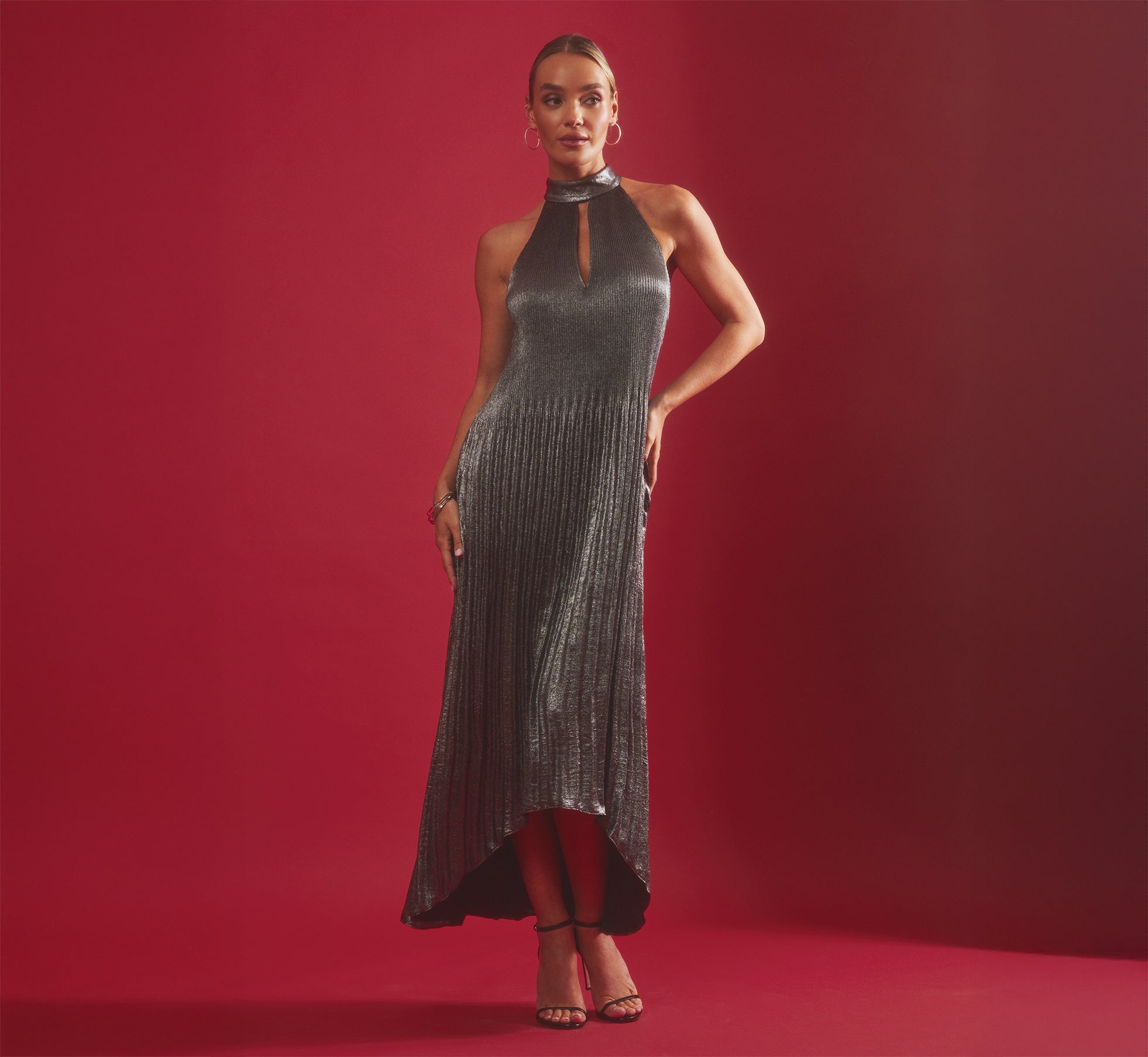 Pleated Metallic High Low Maxi Halter Dress In Gunmetal Black