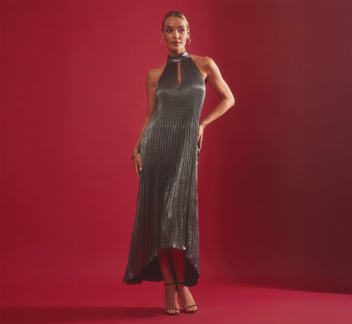 Pleated Metallic High Low Maxi Halter Dress In Gunmetal Black