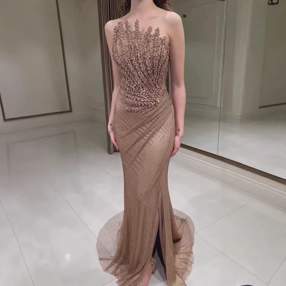 Crystal Beaded Mermaid Evening Dress With Slit — Caramel | KIMLUD