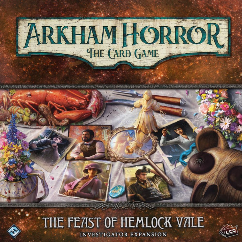 Box cover for Arkham Horror: The Card Game The Feast of Hemlock Vale Investigator Expansion by Fantasy Flight Games. A lavish table with food, flowers, and masks surrounds a wooden figure, evoking the mystery of the Edge of the Earth campaign.