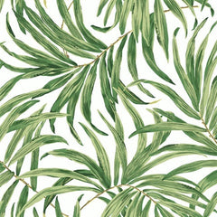 Illustration of lush, overlapping green palm leaves on a white background, reminiscent of the Green Bali Leaves Wallpaper by York Wallcoverings, creating a contemporary and vibrant pattern that embodies nature-inspired design.