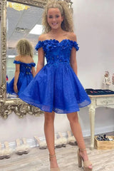 Blue Tulle Off Shoulder Lace Floral Short Prom Dresses, Off the Shoulder Blue Homecoming Dresses, Blue Formal Graduation Evening Dresses with 3D Flowers WT1514