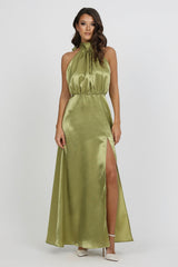Halter Dress, Olive Green Dress, Crepe Back satin dress, Satin Dress, Backless Dress, Sleeveless Dress, satin evening dress, bridesmaid dress satin, Long satin dress, Bridesmaid Dress, Formal Dress, Wedding Guest Dress, custom satin dress, maxi dress