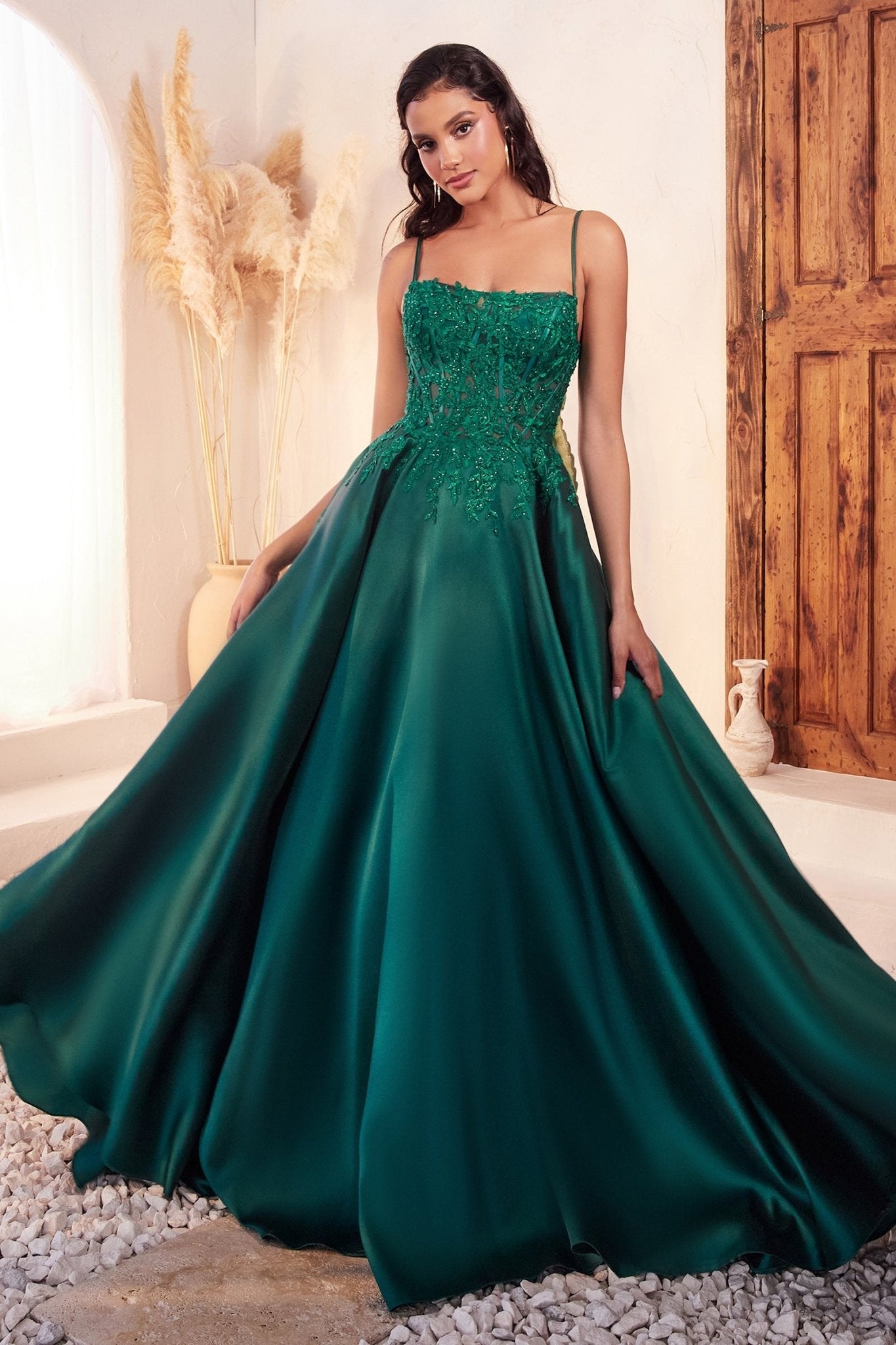 PURDIE Emerald Green Mikado Satin Lace A Line Ball Gown Prom & Formal Dress in Australia | One Honey Boutique