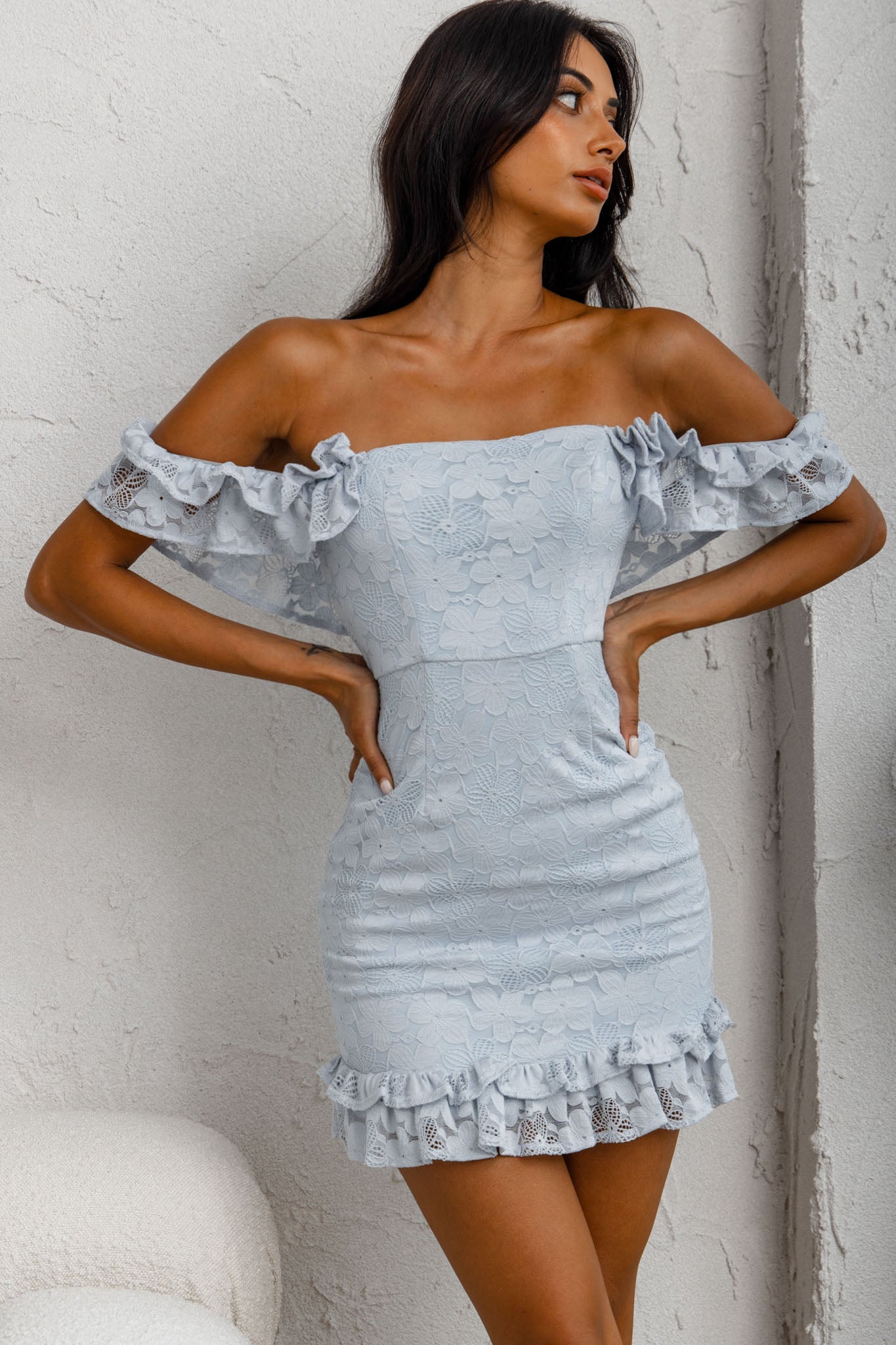 Verona Off-Shoulder Lace Overlay Mini Dress Blue by Selfie Leslie