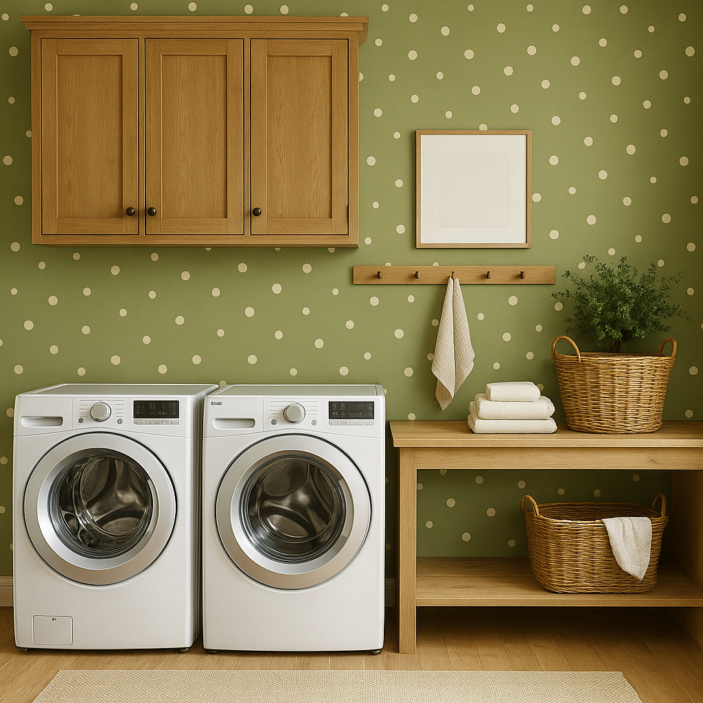 Clay scatter wallpaper with white dots, over a green background.