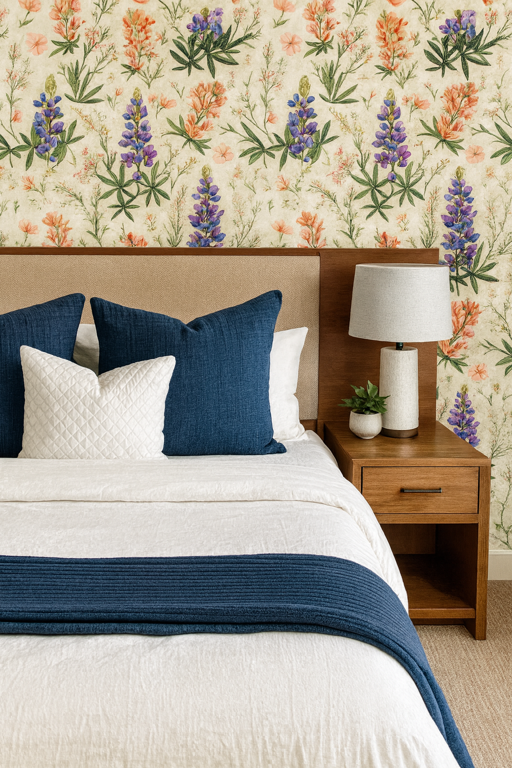 Floral pattern Hill Country Bloom Wallpaper with wildflowers and greenery, against a beige textured background.