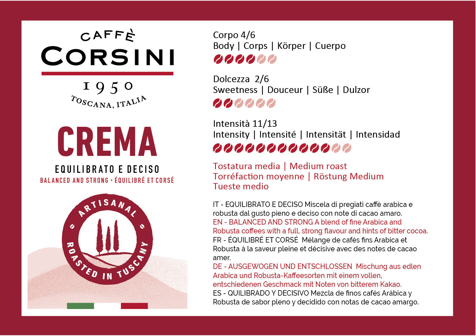 Scheda organolettica caffè crema nuova gamma di caffè, Caffè Corsini