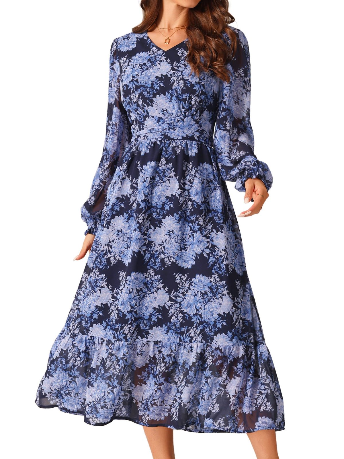 DARING DIVA Long Sleeve Floral V Neck Boho Chiffon Midi Dress M Dark Blue