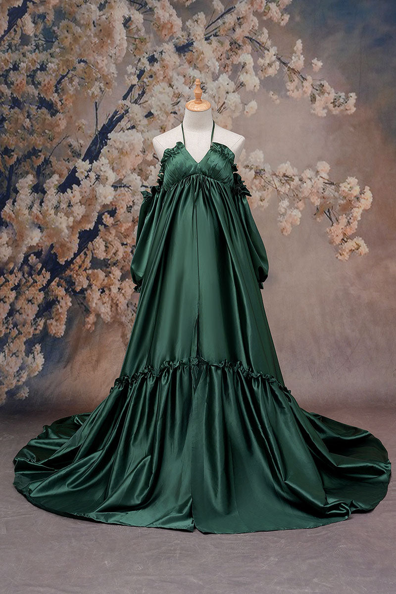 Front view of green one-shoulder silk maternity dress