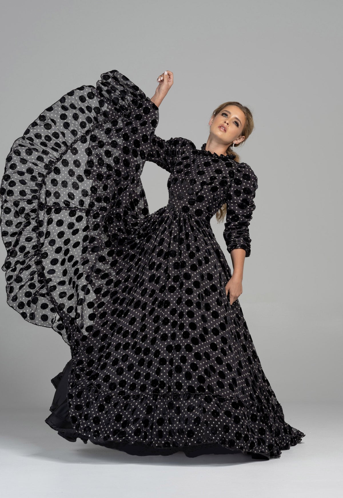 Black velvet polka dot modest evening gown rental