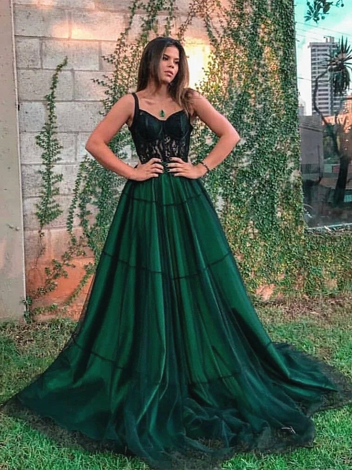 Dark Green Lace Prom Dresses Long, Dark Green Lace Formal Graduation Dresses