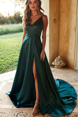 Dark Green Satin A-line Spaghetti Straps Long Prom Dresses With Split, MP629 | long prom dresses | cheap prom dresses | evening dresses | www.musebridals.com