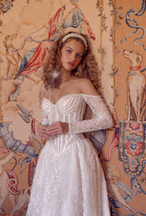 A-Line Pearl-Embroidered Lace Corset Wedding Dress | Whispers of Grace Couture