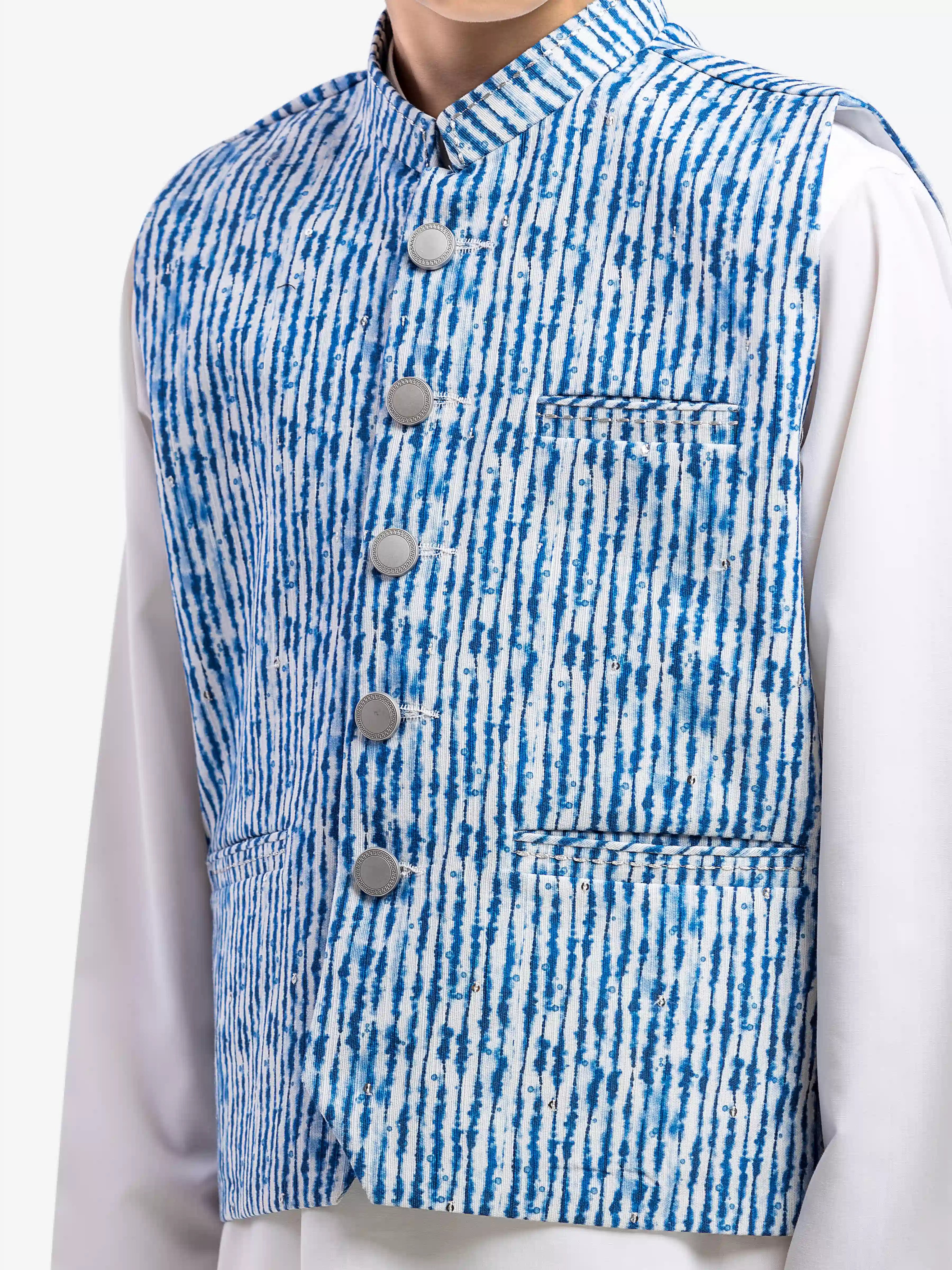 Boy's Blue & Off White Waist Coat Suit - IUS-EBTWCS25-25195