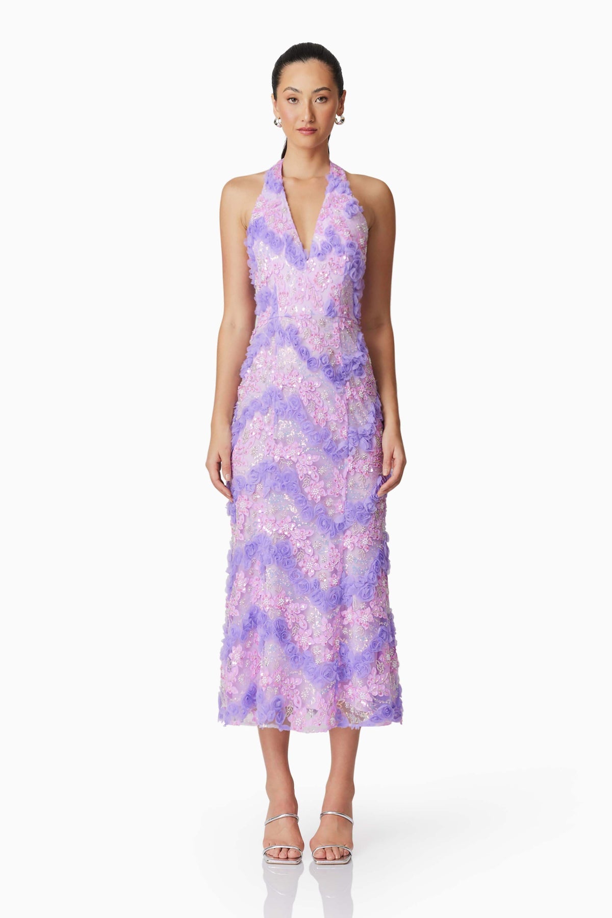 Brunette model wearing the Vonni Halter Maxi Dress in Purple front shot