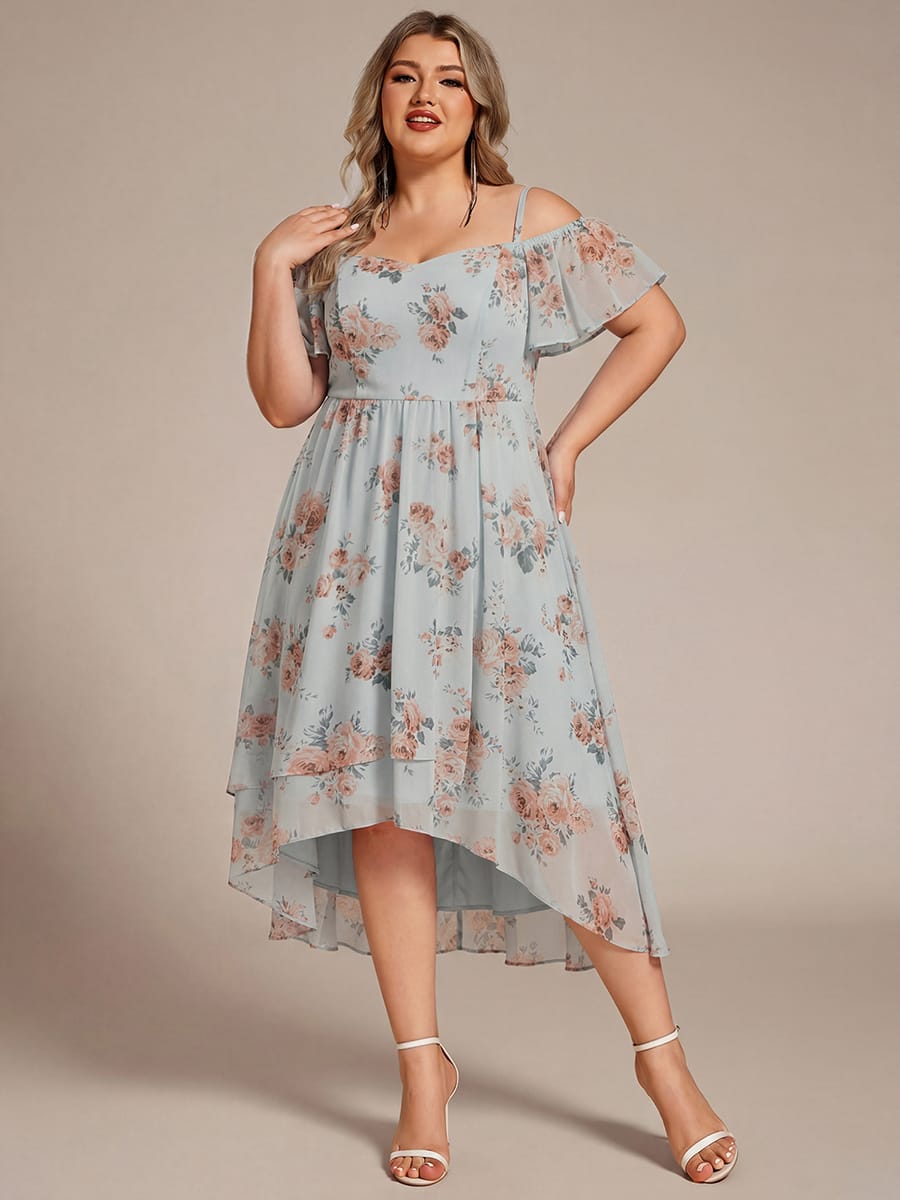 Plus Size One-Shoulder High-Low Chiffon Wedding Guest Dresses with Short Sleeves #color_Amber Bloom