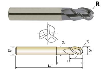 EG910060 6.0 x 6 x 5.5 x 25 x 55 R3.0 N5.4 2 FLUTE 50 DEGREE HELIX STUB CUT LENGTH BALL NOSE WITH NECK TICN COATED CARBIDE End Mill