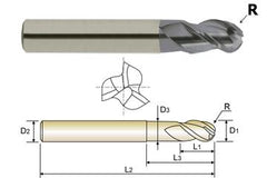 EG910060 6.0 x 6 x 5.5 x 25 x 55 R3.0 N5.4 2 FLUTE 50 DEGREE HELIX STUB CUT LENGTH BALL NOSE WITH NECK TICN COATED CARBIDE End Mill
