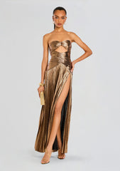 Metallic bronze strapless Mallory Dress with twisted bodice midriff cutout and thigh high slit