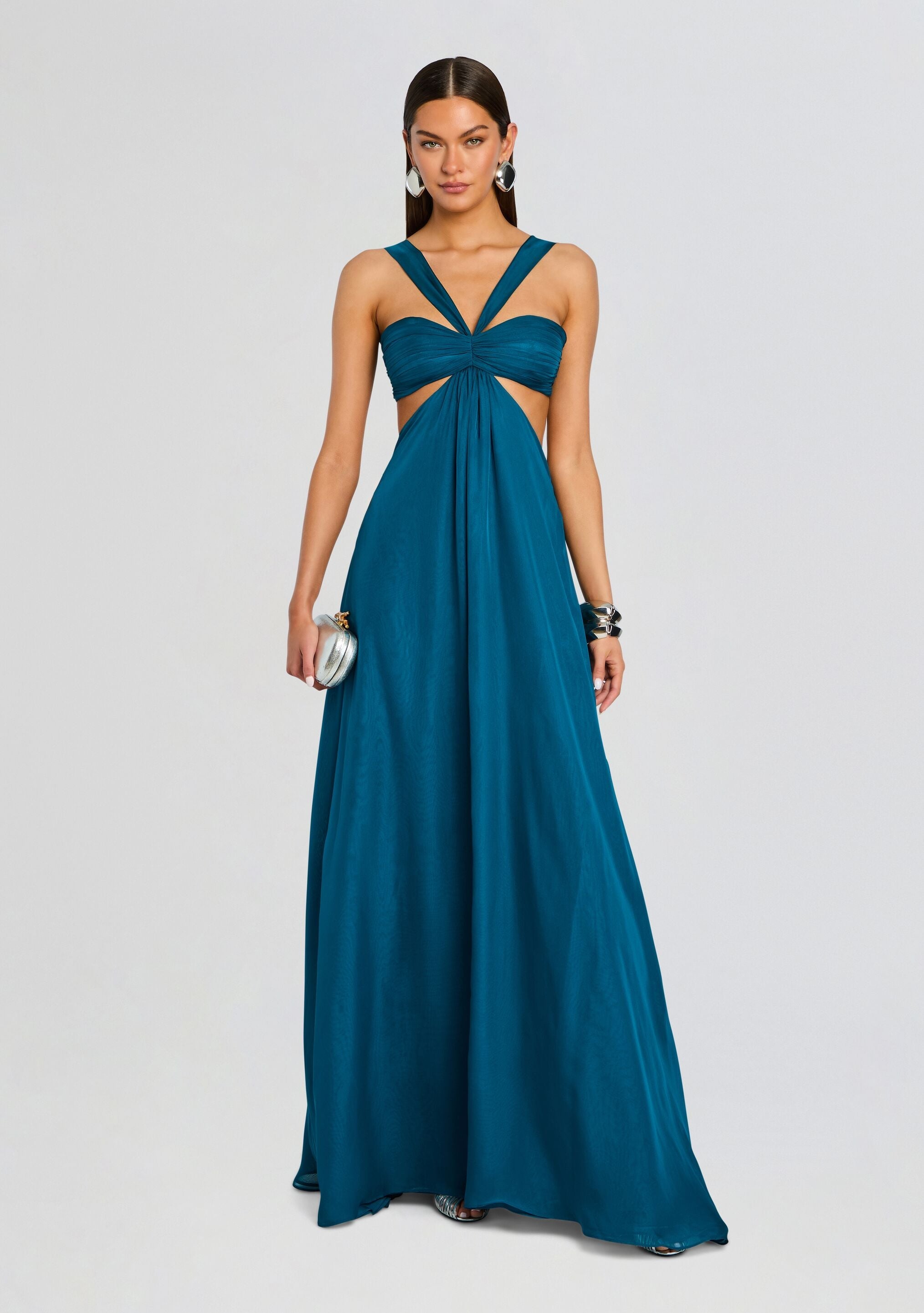 Teal Meira Chiffon dress floor-length gown with twisted front knot and side cutouts.