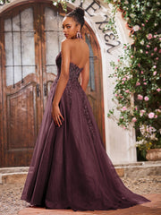 Maxi Robe de Bal Appliquée avec Corset en Tulle et Dentelle à Col Licou Cabernet