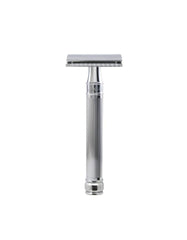 Chrome Lined long handle safety razor on a white background