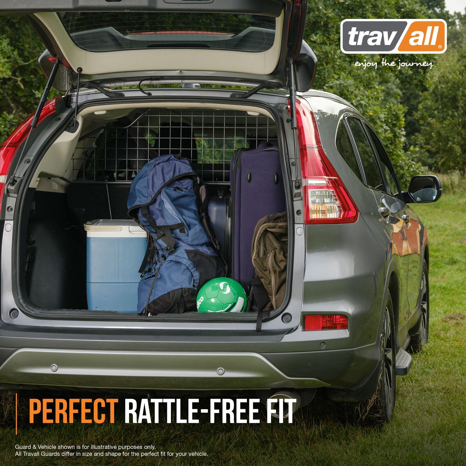 Car trunk with travel gear and 'travall' branding