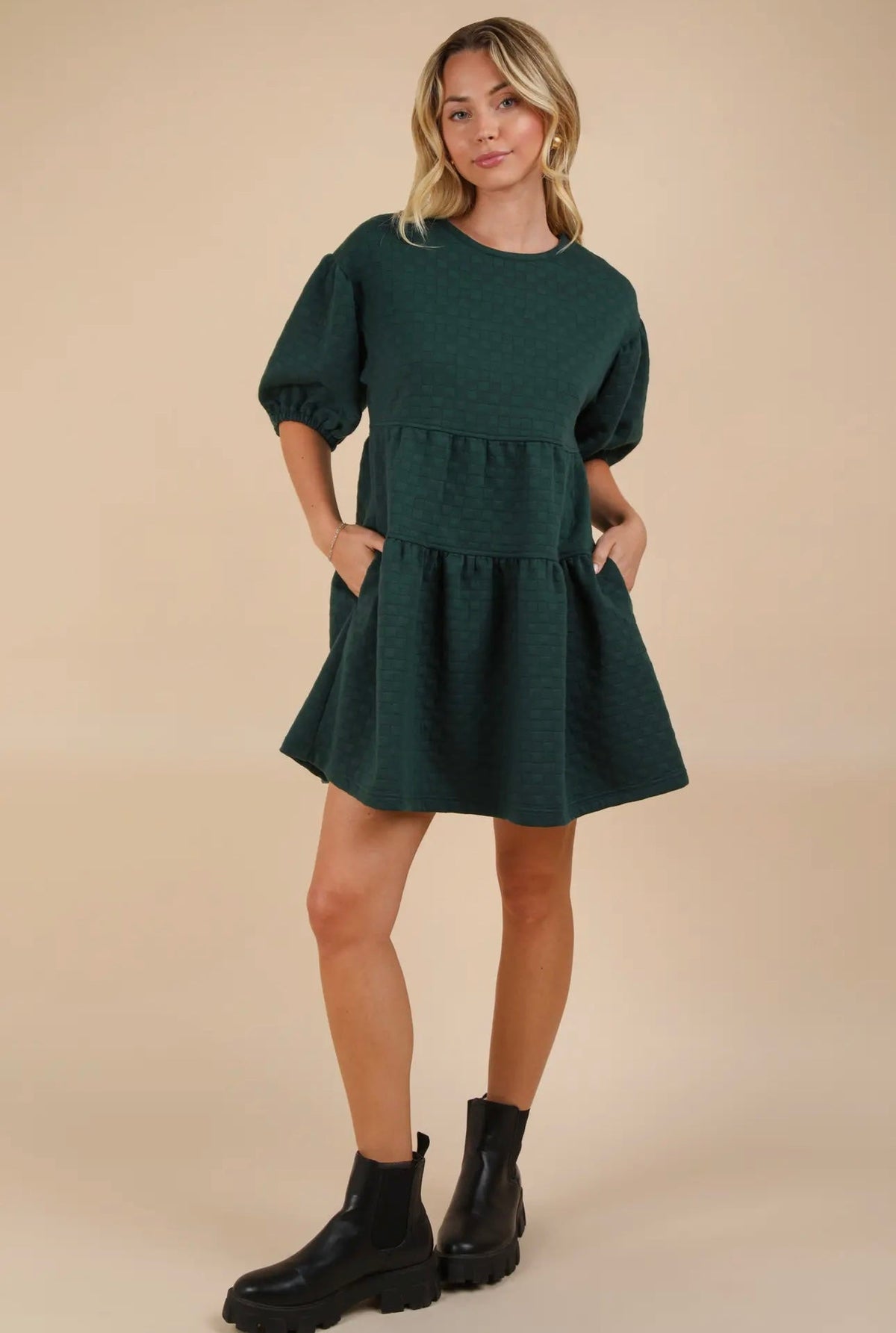 Green Quilted Puff Sleeve Babydoll Dress