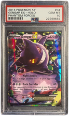 Pokémon trading card featuring Gengar EX with a holographic finish, encased in a protective frame.