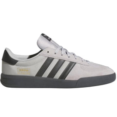 The Glenburn Grey HP3513 Adidas Skateboarding Shoes feature a light gray leather upper, black stripes and heel, black sole, gold Adidas CLASSPIC branding, and a classic low-top lace-up design.