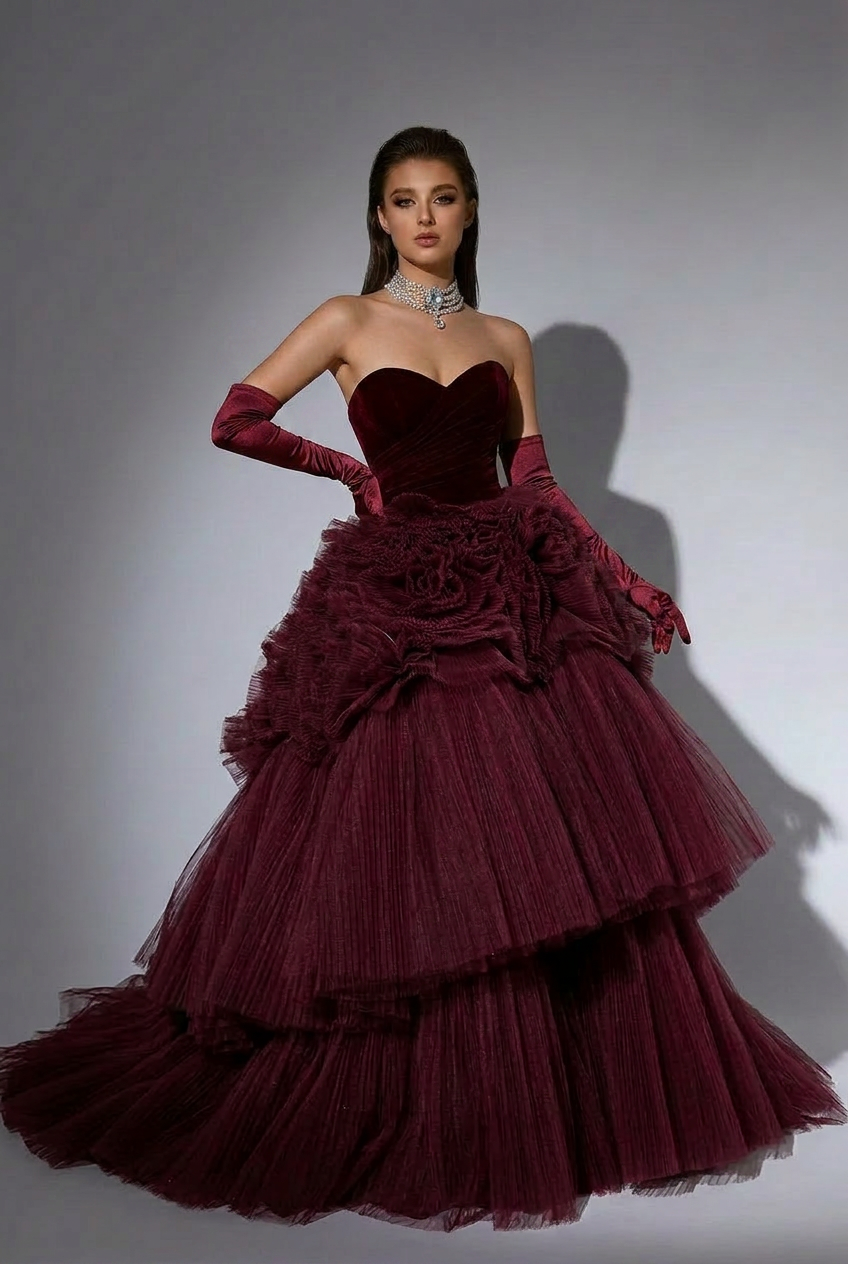 Gothic Burgundy Tiered Tulle Wedding Dress with Floral Appliqué - Elegant Corset Back Tiered Gown Plus Size