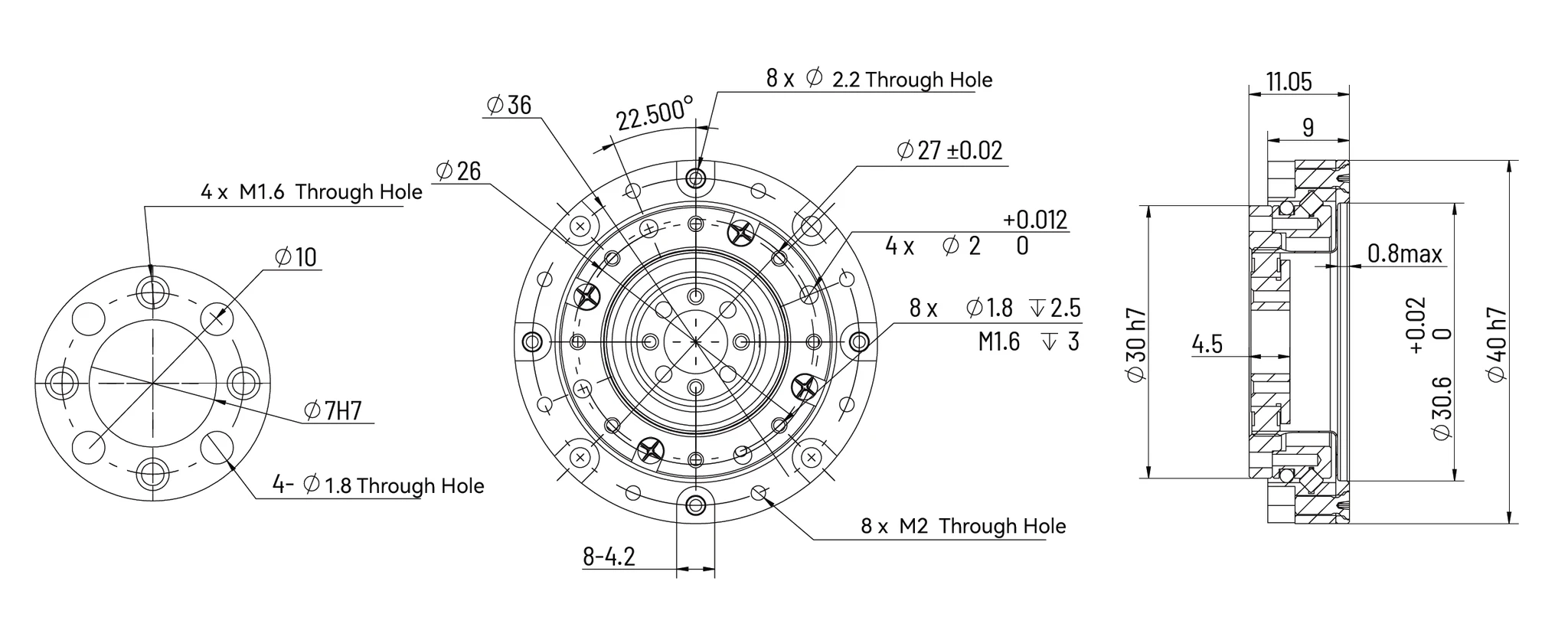 HD Mini-08 Strain Wave Gear Reducer, 25mm Harmonic Drive Gear Ratio 50:1 technical drawing and specifications.