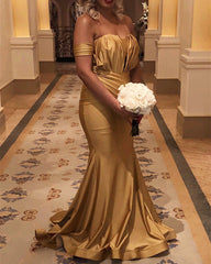 Long Gold Satin Off Shoulder Mermaid Bridesmaid Dresses-alinanova