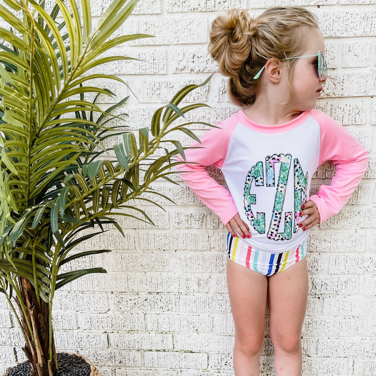 Monstera Monogram Long Sleeve Pink Rash Guard