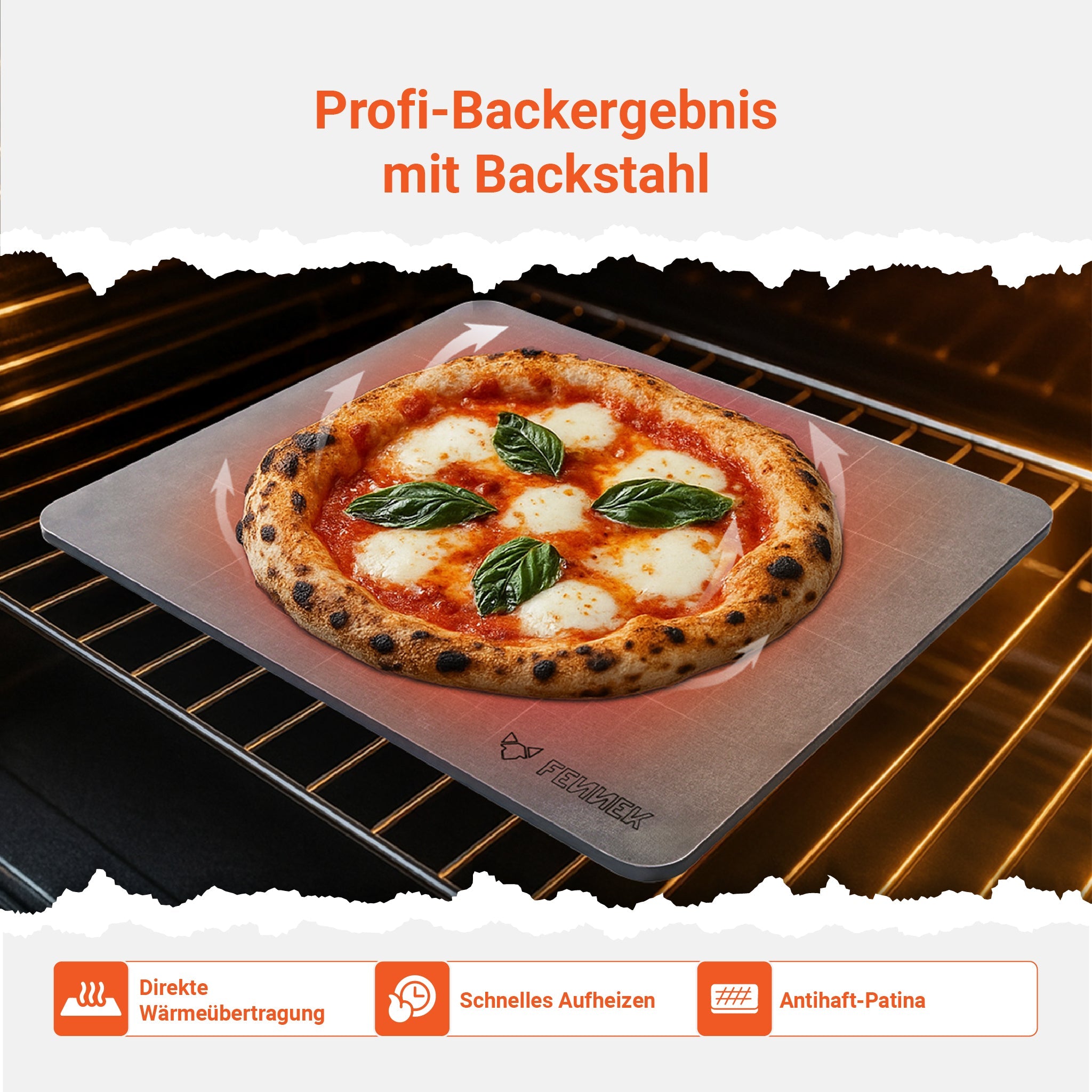 Mit dem FENNEK Backstahl erzielst du Backergebnisse wie ein Profi. Er ermöglicht eine direkte Wärmeübertragung, hat eine kurze Aufheizzeit und eine Antihaft-Patina. So gelingt die Pizza wie im Restaurant. 